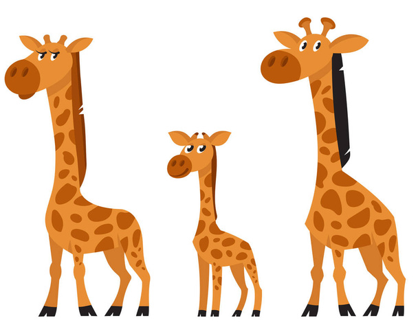  Rodzina żyrafa, widok z trzech kwartałów. Zwierzęta afrykańskie w kreskówkowym stylu. - Wektor, obraz