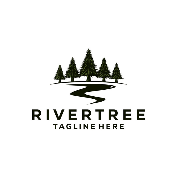 toujours vert pin logo vintage avec rivière ruisseau vecteur emblème illustration design - Vecteur, image