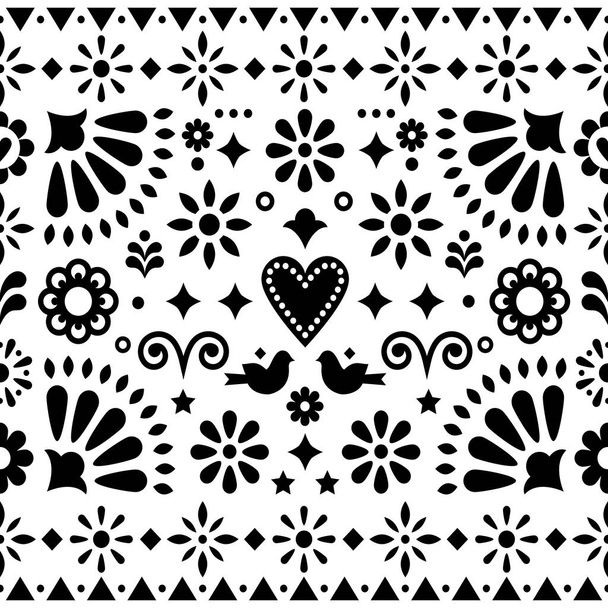 Motif vectoriel monochrome art populaire mexicain sans couture, design avec des fleurs et des oiseaux inspirés des ornements traditionnels du Mexique  - Vecteur, image
