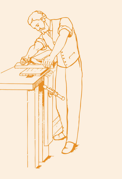 A Drawing or Sketch of Man working with wood and wooden tools in a factory like, cutting, measuring, removing iron nail editable outline illustration - Vector, Image
