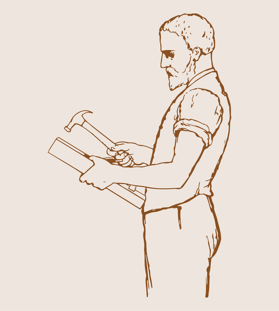 Een tekening of schets van de mens werken met hout en houten gereedschappen in een fabriek als, snijden, meten, verwijderen van ijzeren nagel bewerkbare schets illustratie - Vector, afbeelding