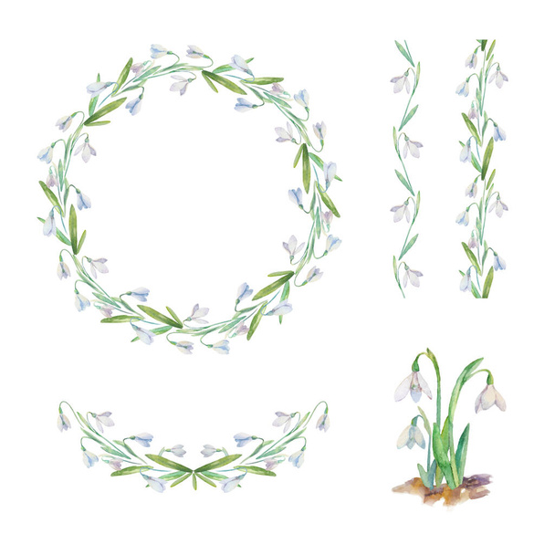 Floral watercolor Frame Collection with spring flowers. Set of cute retro snowdrops arranged in the shape of the circle for greeting, wedding invitations, and birthday cards - Vector, Imagen