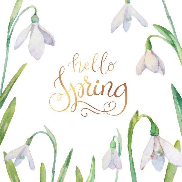 Scheda vettoriale con fiori primaverili di bucaneve ad acquerello. Ciao, primavera lettering color oro. Sfondi su un tema primaverile per il vostro design - Vettoriali, immagini
