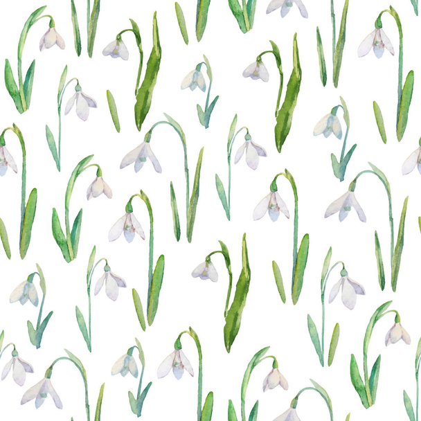 Vector seamless pattern with watercolor snowdrops. A repeating background with the first spring flowers on white - Vector, Image