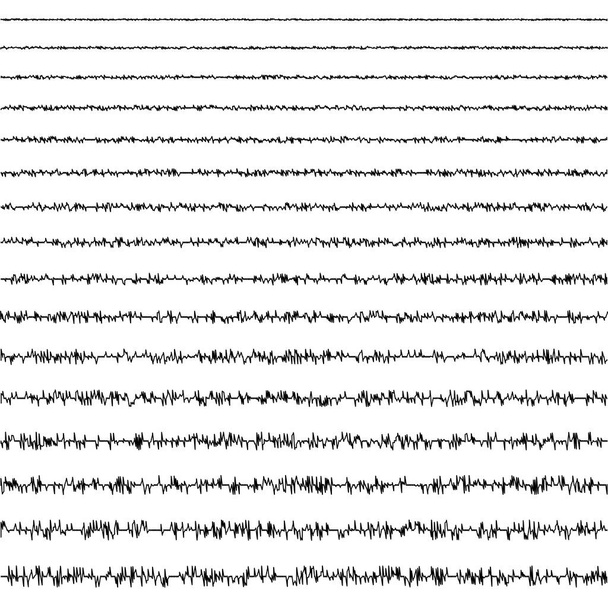 σύνολο οριζόντιων κανίς γραμμών σεισμικών κυμάτων της δονητικής μορφής ενός σεισμού με τυχαία συχνότητα και πλάτος, ένα διανυσματικό σεισμογράφημα που καταγράφει τις δονήσεις των γαιών - Διάνυσμα, εικόνα