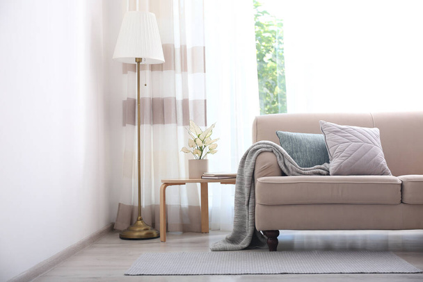 Comfortable sofa near window with stylish curtains in living room. Interior design - Fotoğraf, Görsel