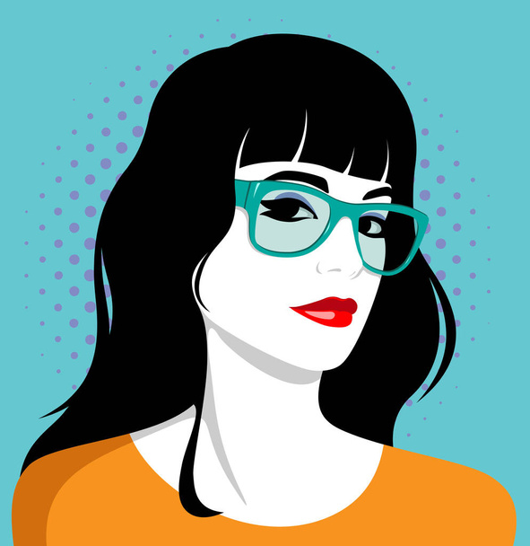 Simple vector portrait of beautiful young woman with full red lips, long wavy black hair hair, wearing fashionable glasses against dotted background - Wektor, obraz
