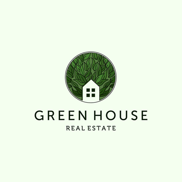 Nature House Logo Vector Illustration Design. Design moderno del modello di logo immobiliare. Green House e Leaf Logo Design Ispirazione - Vettoriali, immagini