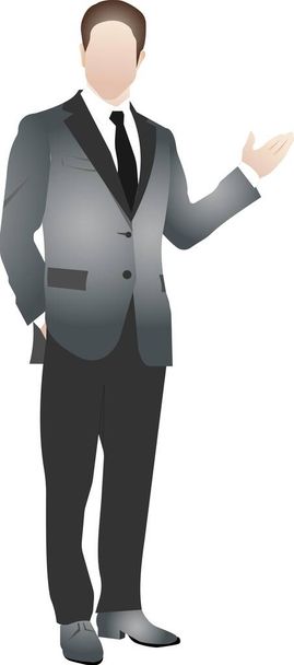 A standing man in a classic gray jacket and trousers. - Vector, imagen