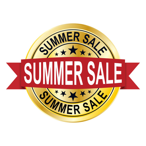 Summer sale,special offer, golden label, badge. Red text. Modern web banner element. Stock vector illustration on white isolated background. - Wektor, obraz