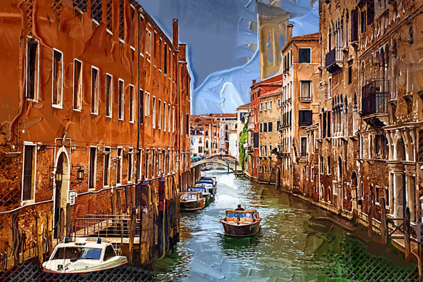 ヴェネツィア、イタリア、レトロ、ヴィンテージ、アンティークのゴンドラと運河通り - 写真・画像