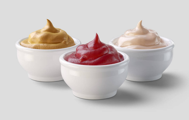 Set van 3d-uitvoeringen van drie sauzen, ketchup, mosterd en mayonaise - Foto, afbeelding