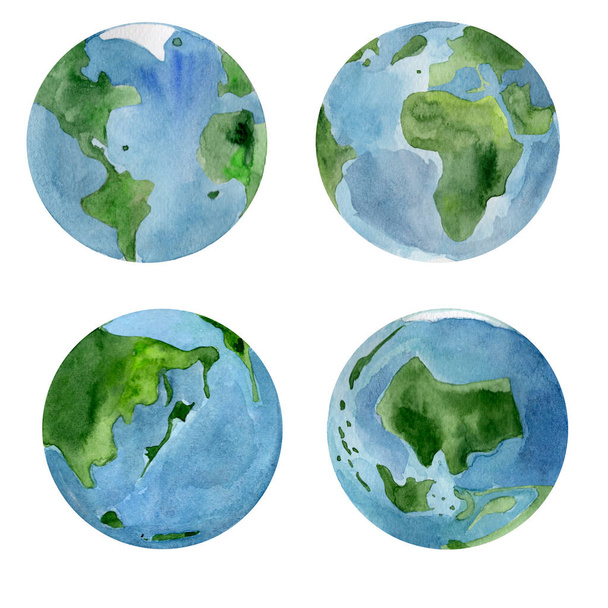 Planet Föld tengerek kontinensek akvarell készlet. Tervezési minták és illusztrációk mintája. - Fotó, kép
