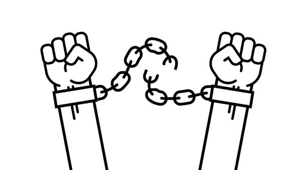 Many a man s fist, broken chains, shackles. Vector Isolated line illustration human hands raised up, art concept of resistance, strength, majority, fight, defending rights of society. - Vecteur, image