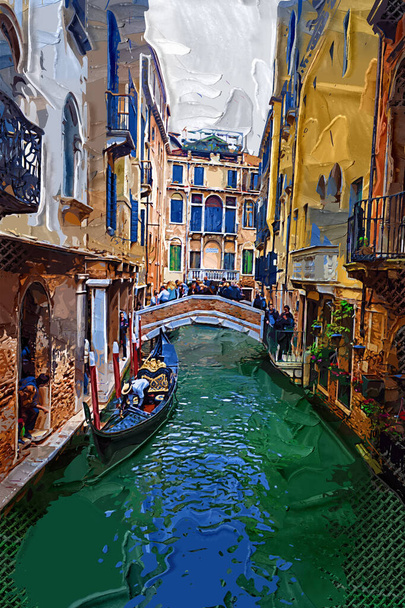 Venetian gondolier punting gondola through green canal waters of Venice Ιταλία - Φωτογραφία, εικόνα