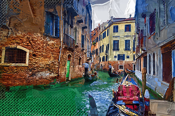 Venezianischer Gondoliere fährt mit Gondel durch das grüne Kanalwasser Venedigs - Foto, Bild