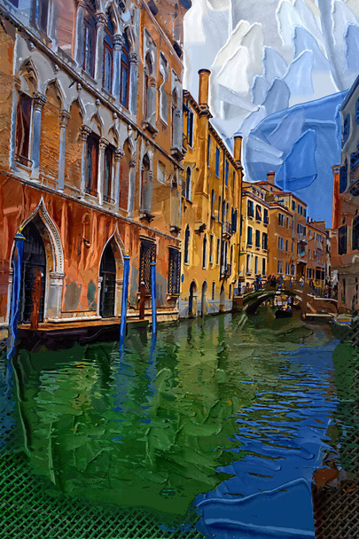 gondolero veneciano punting góndola a través de aguas del canal verde de Venecia Italia - Foto, imagen