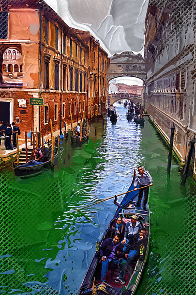 Venetian gondolier punting gondola through green canal waters of Venice Italy - Photo, Image