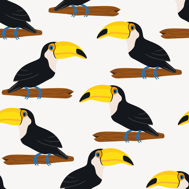 Patrón sin costuras con lindo pájaro tucán de dibujos animados en rama. Ilustración vectorial para papel pintado, tela, textil. Estampado exótico de verano. Tucán tropical con hojas de monstera floral - Vector, imagen