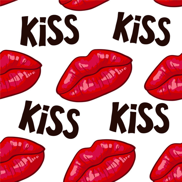 Lips seamless pattern on white background. Sexy red kiss, makeup. Vector illustration. Colorful cartoon style. Desing for textile, clothes. - Vektör, Görsel