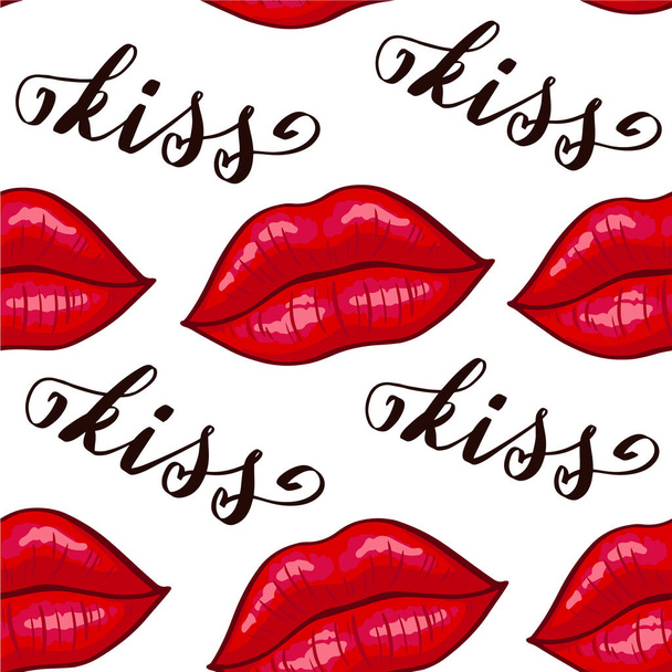 Χείλη απρόσκοπτη μοτίβο σε λευκό φόντο. Σέξι κόκκινο φιλί, μέικ απ. Εικονογράφηση διανύσματος. Πολύχρωμο στυλ κινουμένων σχεδίων. Επιθυμία για υφάσματα, ρούχα. - Διάνυσμα, εικόνα