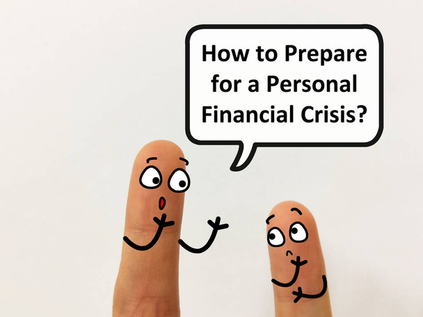 Dva prsty jsou vyzdobeny jako dvě osoby. Jeden z nich se ptá druhého, jak se připravit na osobní finanční krizi. - Fotografie, Obrázek