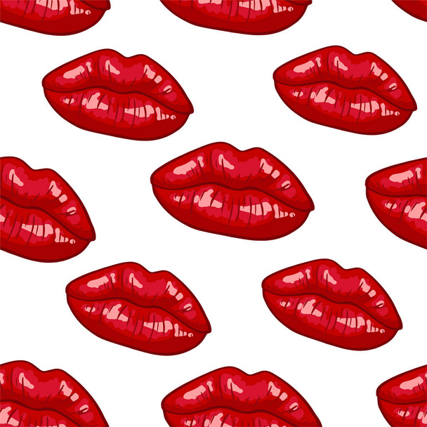 Patrón sin costuras de labios sobre fondo blanco en estilo pop art. Mujeres sexy beso rojo, maquillaje. Ilustración vectorial. - Vector, Imagen