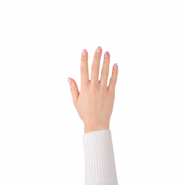 mano de mujer caucásica con manicura rosa brillante aislado en blanco - Foto, imagen