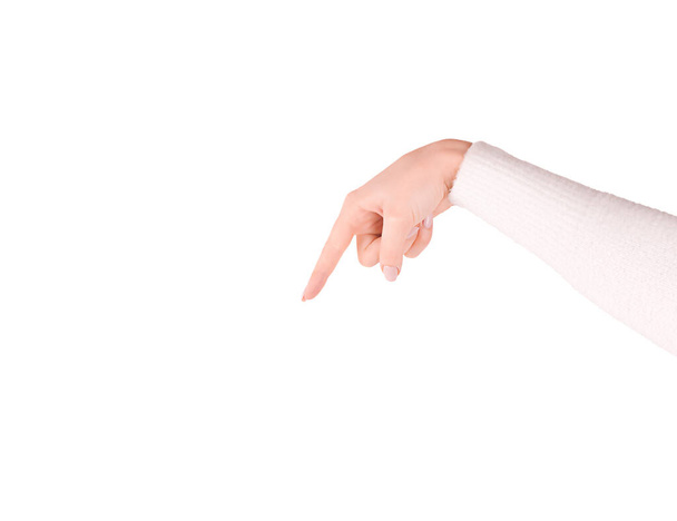 kaukasische Frau rechte Hand zeigt nach unten mit Zeigefinger isoliert auf weiß - Foto, Bild