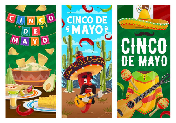 Cinco de Mayo vektori jalapeno chili pippuri muusikko sombrero soittaa kitaraa. Meksikolaista guacamolea ja nachoja, maissia enchiladoilla ja tequilalla. Perinteiset poncho ja maracas sarjakuva bannerit asetettu - Vektori, kuva