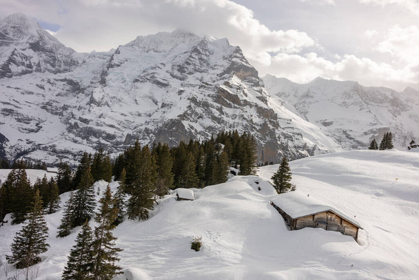 Pohled na švýcarské hory v zimě. Eiger v oblacích, Monoch a Jungfrau. Švýcarské Alpy v Jungfrauregion ve Švýcarsku - Fotografie, Obrázek