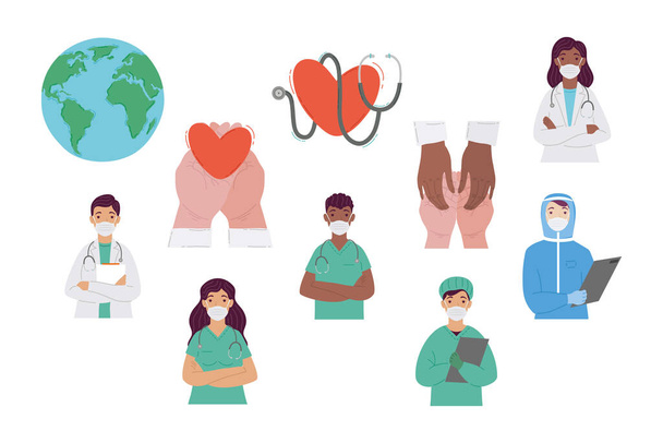 group of doctors staff wearing medical masks and set icons - Vector, Image