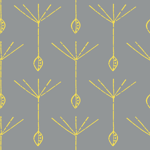 Σπόροι πικραλίδας αδιάλειπτη διάνυσμα μοτίβο φόντο. Backdrop της αφηρημένης της κυμαινόμενο Herbacious σπόρους λουλουδιών κίτρινο γκρι φόντο. Κομψό σχέδιο ζωγραφισμένο στο χέρι γραμμή τέχνης. Βοτανική επανάληψη Duotone - Διάνυσμα, εικόνα