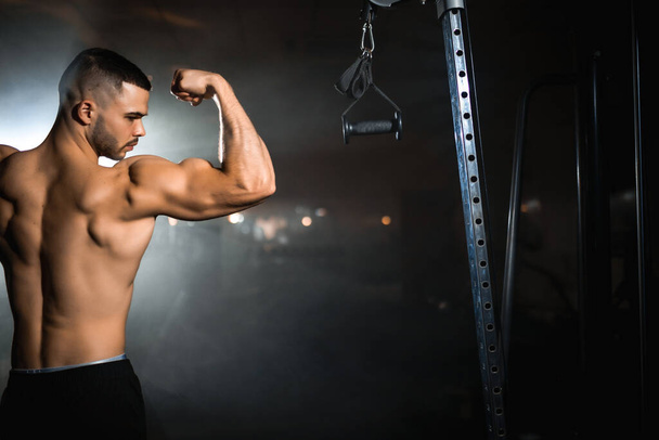 Homem atleta em grande forma posando no ginásio, músculos bombeados, corpo atlético. Foto de alta qualidade - Foto, Imagem