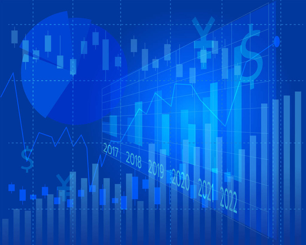 ワイドスクリーン・アブストラクト青色の背景に株式市場の上昇線と棒グラフを持つ金融グラフ  - ベクター画像