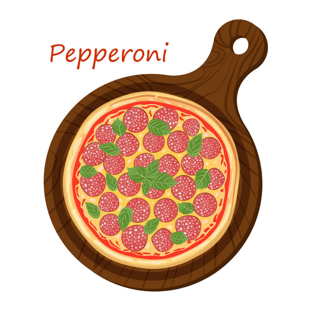 Pizza italiana de pepperoni con salchichas, queso, ketchup y albahaca sobre una pizarra sobre un fondo blanco. Ilustración de pizza vectorial para menú, póster, anuncio, banner, sitio web. - Vector, Imagen