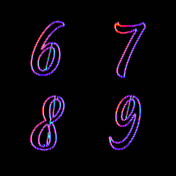 3D rendering of glowing neon digits - digits 6-9 - Foto, Imagem