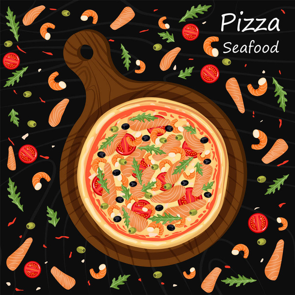 Vector illustration of seafood pizza with tomato, tomato sauce, arugula, olives, shrimp and salmon on a cutting board on a black background. Fast food concept - Vector, Image