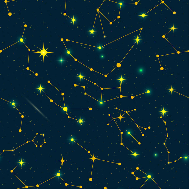 Constelaciones del zodíaco patrón sin fisuras. Espacio vectorial e ilustración de estrellas. 12 constelaciones del zodiaco en el fondo oscuro cielo nocturno con estrellas, astrología, astronomía elementos de diseño vectorial espiritual - Vector, imagen
