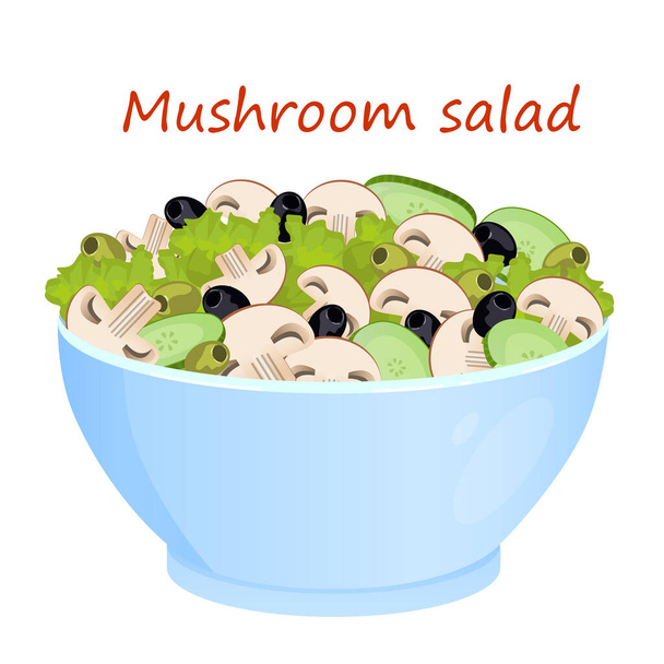 Vector illustration of mushroom salad in a blue plate on a white background. The salad consists of cucumbers, lettuce leaves, champignon and olives. Healthy food concept - Vector, Image