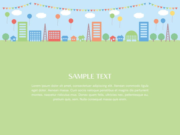 A simple background illustration of the cityscape, sky and grassland. Frame with sample text. There are clouds, garland and balloons in the sky. The cityscape is laid out above. - Vector, Image