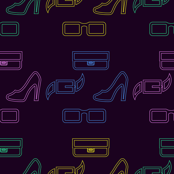 Blue, pink, green, yellow glasses, purses, belts, shoes on a dark-purple background. - Vector, Image