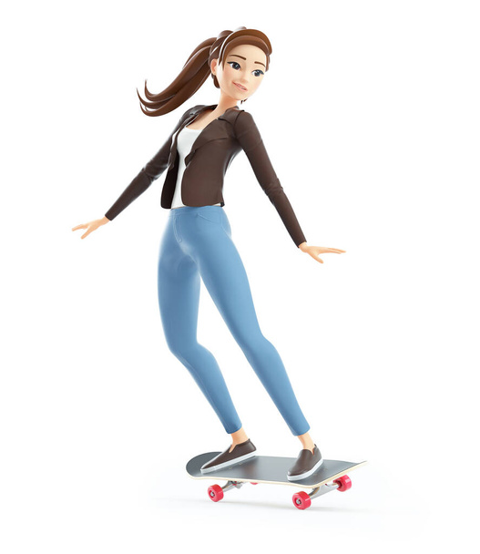 3d femme dessin animé faisant skateboard, illustration isolée sur fond blanc - Photo, image