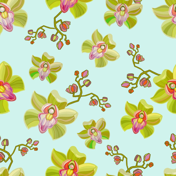 Acuarela flores de orquídea patrón sin costura. Diseño de papel pintado dibujado a mano. Textura repetida con ramas florales y flores amarillas sobre fondo azul. Ilustración vectorial - Vector, imagen