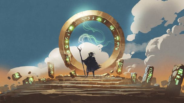 Le magicien tient sa baguette debout à la porte circulaire, style art numérique, peinture d'illustration - Photo, image