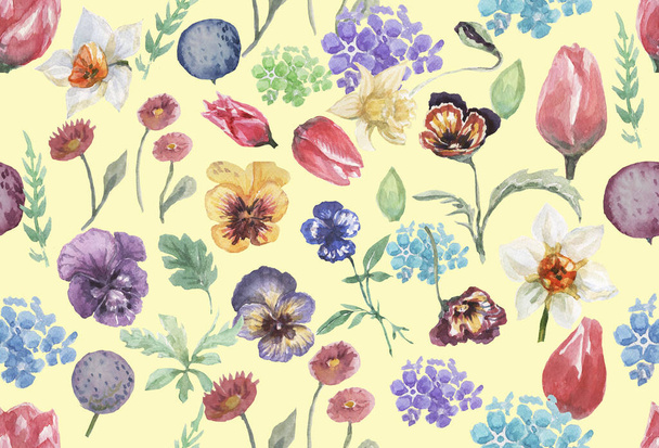 tulipány narcisy květiny jarní květ. akvarel ilustrace ručně kreslené potisk textilní pohlednice skica čmáranice pozadí blahopřání karta hladký vzor - Fotografie, Obrázek