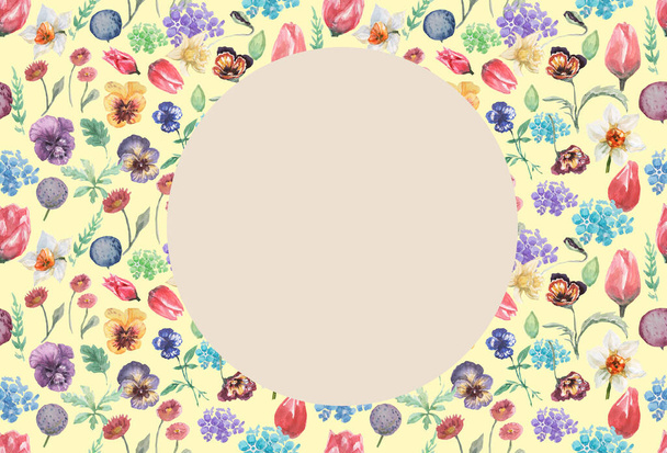 tulpen narcissen bloemen lente bloei. aquarel illustratie hand getekend print textiel ansichtkaart schets doodle achtergrond wenskaart naadloos patroon - Foto, afbeelding