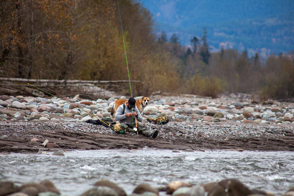 Mężczyzna siedzi na brzegu Squamish River ze sprzętem wędkarskim, zmieniając muchę, ze swoim psem próbującym złapać rybę w Kolumbii Brytyjskiej. - Zdjęcie, obraz