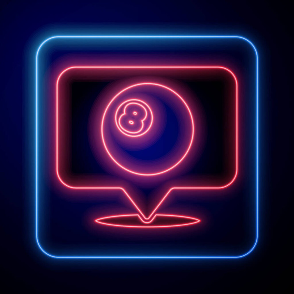 Splendente puntatore mappa al neon con biliardo biliardo biliardo snooker palla con numero 8 icona isolata su sfondo nero. Vettore. - Vettoriali, immagini