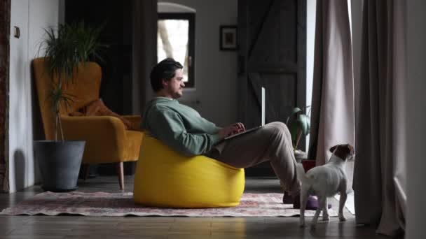 Mann arbeitet mit Laptop am Outsourcing und spielt zu Hause gleichzeitig mit Hund - Filmmaterial, Video